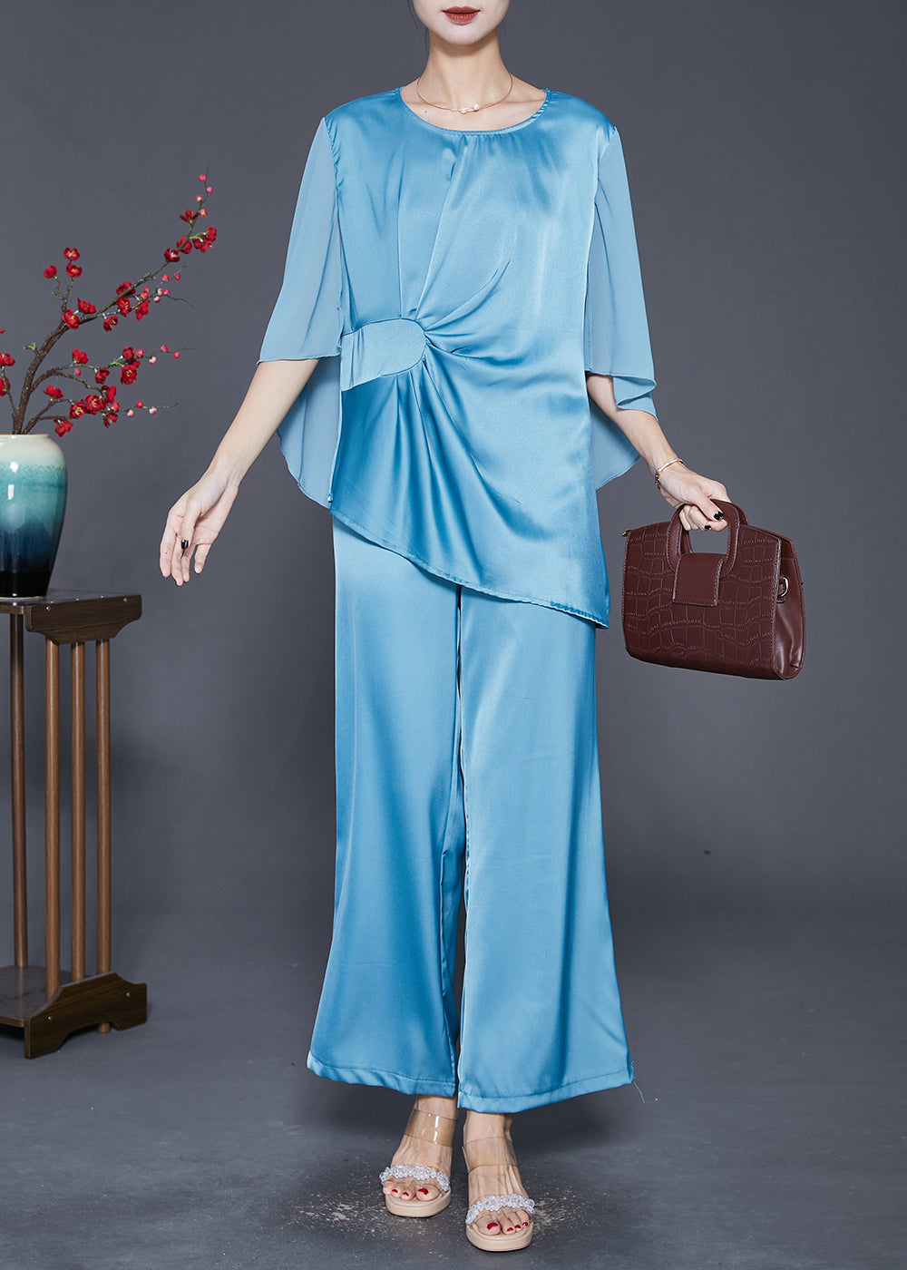 Lake Blue Asymmetrical Wrinkled Silk Two Pieces Set Fall