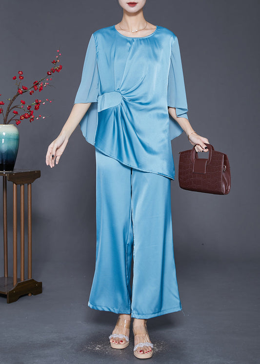 Lake Blue Asymmetrical Wrinkled Silk Two Pieces Set Fall