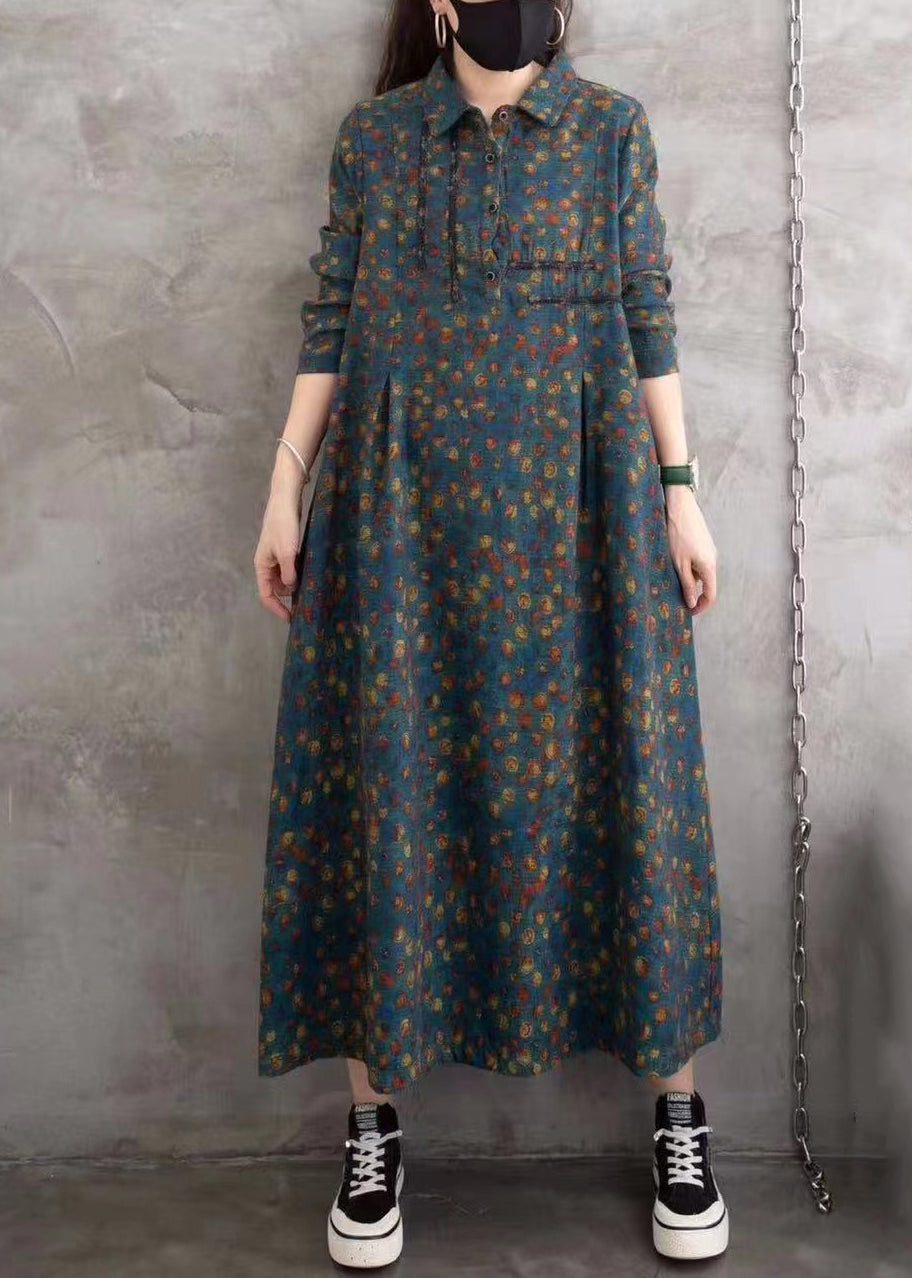 Blue Peter Pan Collar Print Wrinkled Button Long Shirts Dress Spring