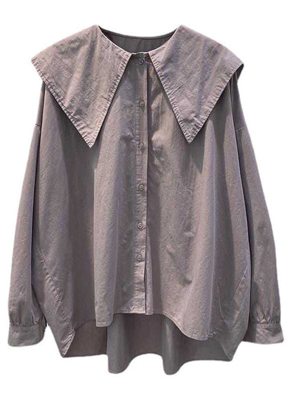 Purple Pink Peter Pan Collar Button Asymmetrical Design Fall Long Sleeve Top
