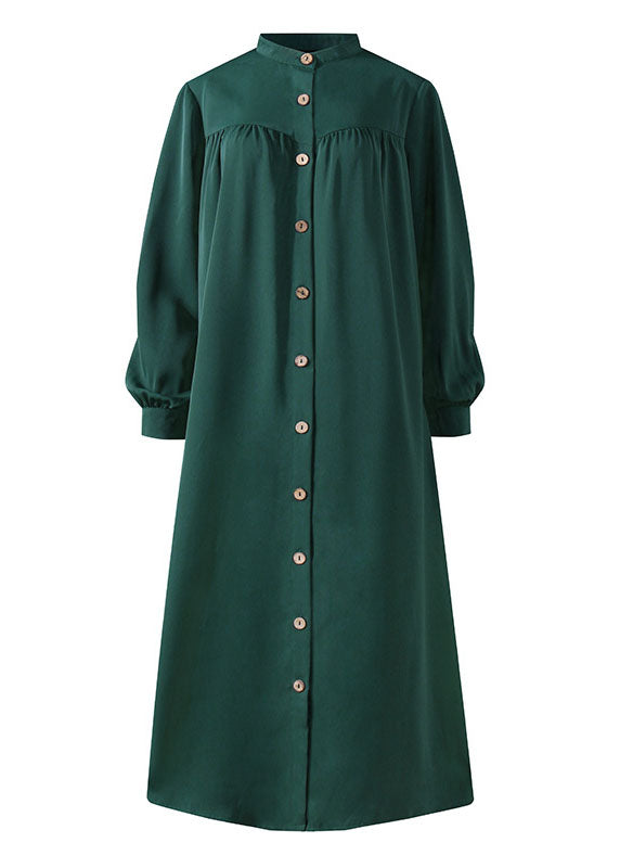 Color Stand Collar Button Down Front Leisure Loose Maxi Dress With Side Pockets