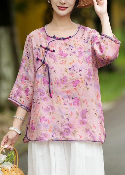 Khaki Button Print Linen Blouse Bracelet Sleeve