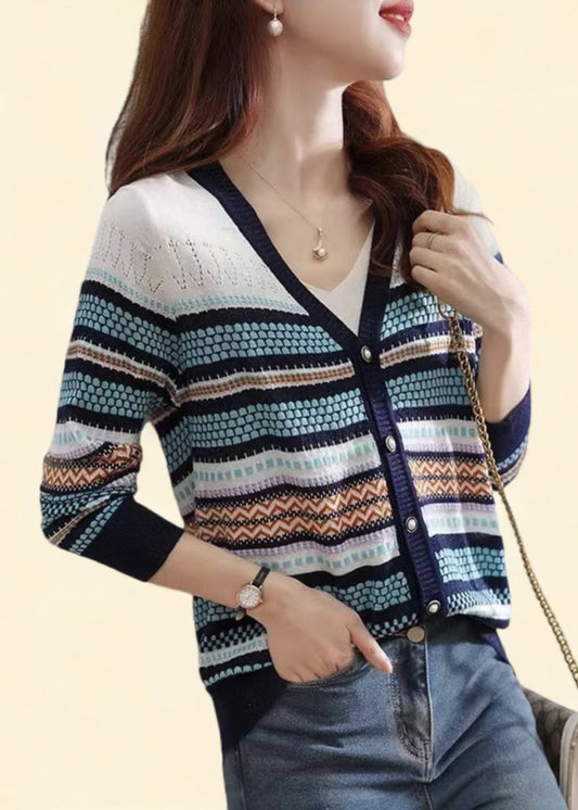 Colorblock V Neck Striped Patchwork Button Knit Cardigans Fall