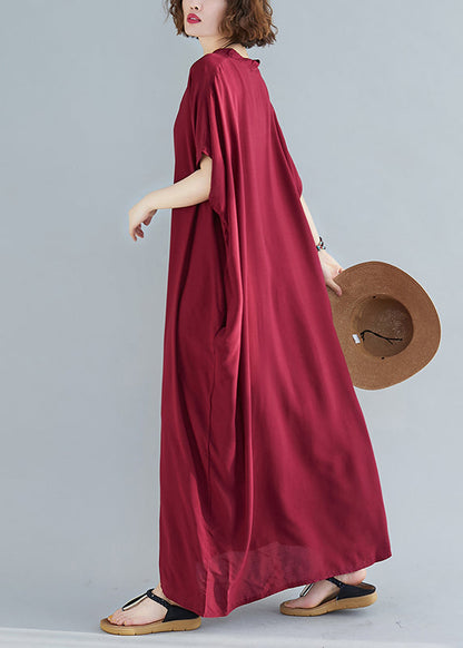 Red V Neck Cotton Ankle Dress Short Sleeve