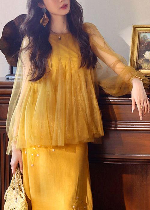 Art Yellow Tank and Tops Tulle Two Pieces Set Butterfly Sleeve