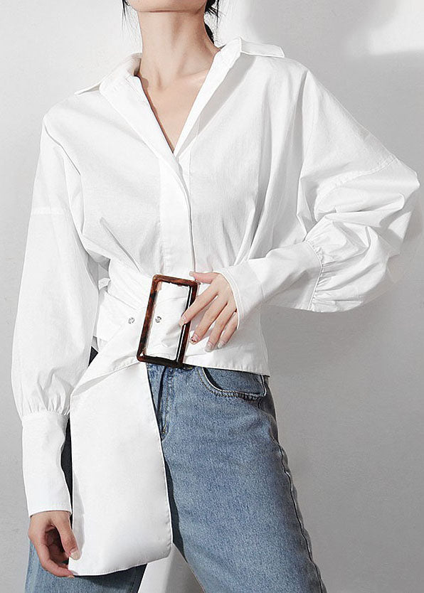 White Lantern Sleeve Sashes Peter Pan Collar Shirts