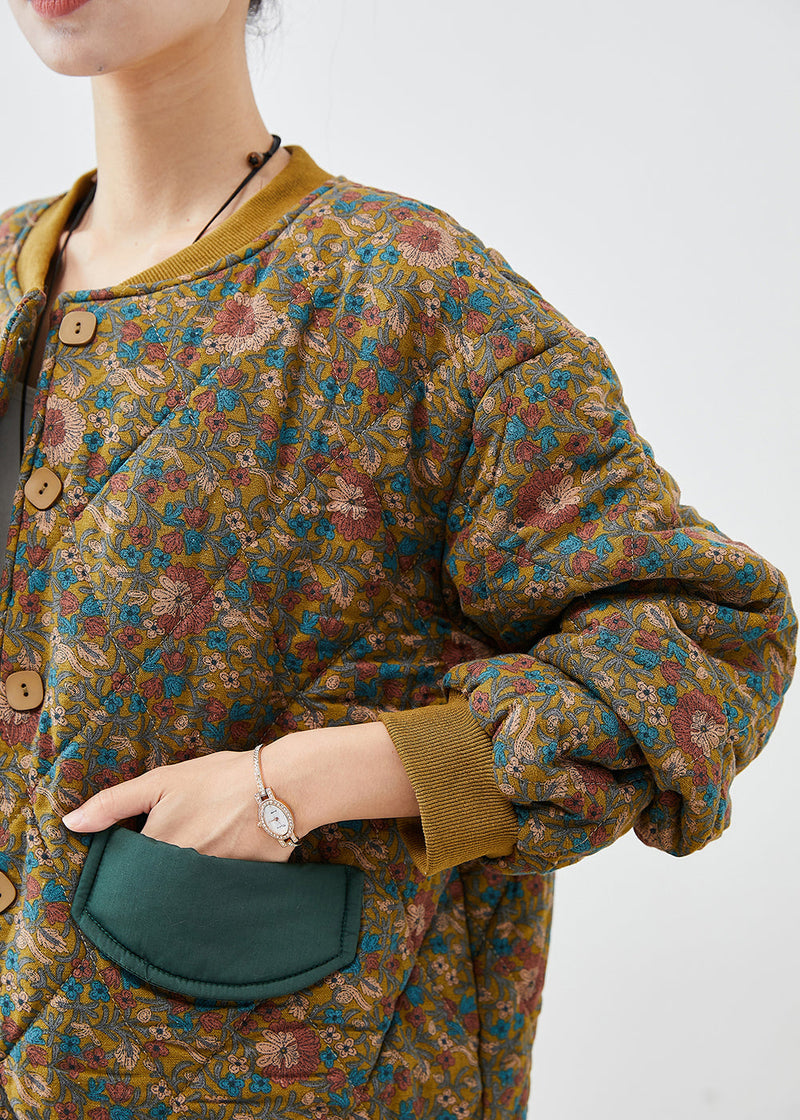 Yellow Oversized Print Fine Cotton Filled Winter Coats Winter