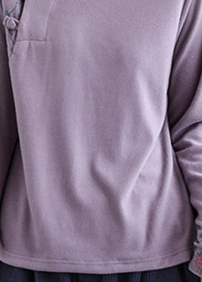 Modern Purple Embroideried Button Fall Cotton Top