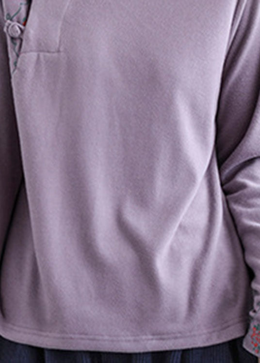 Modern Purple Embroideried Button Fall Cotton Top