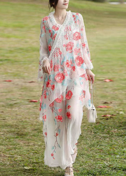 White Tasseled Asymmetrical Design Silk Two Pieces Set Fall