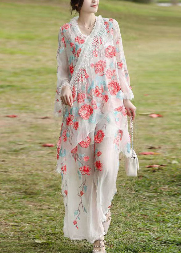 White Tasseled Asymmetrical Design Silk Two Pieces Set Fall