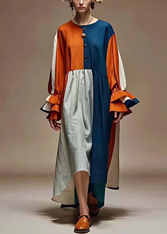 Colorblock Oversized Patchwork Linen Dress Flare Sleeve