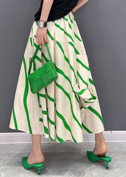Green Striped Elastic Waist Asymmetrical Cotton Loose Skirts Summer