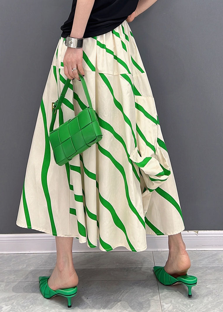 Green Striped Elastic Waist Asymmetrical Cotton Loose Skirts Summer