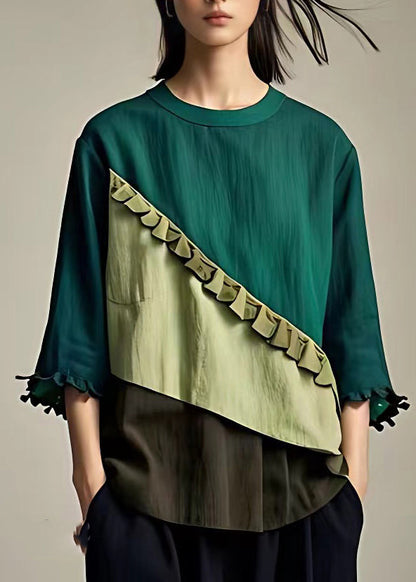 Green O-neck Ruffled Patchwork Top Bracelet Sleeve