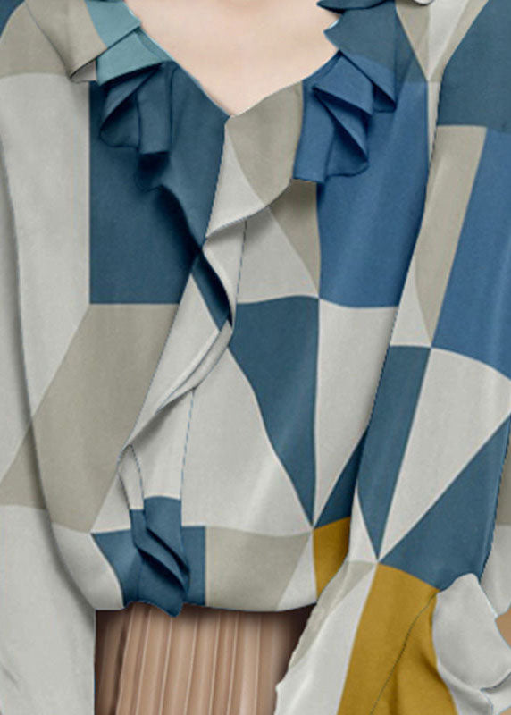 Colorblock V Neck Print Ruffles Chiffon Shirt Spring