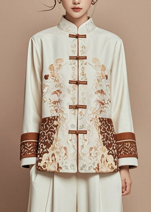Beige Print Stand Collar Fall Coats