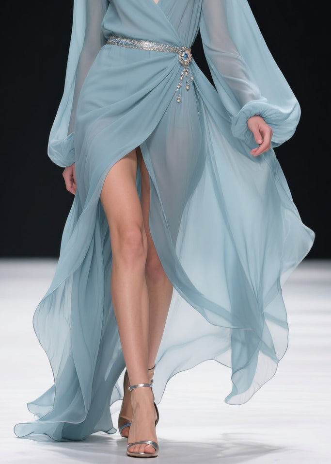 Blue V Neck Wrinkled Side Open Long Dresses Lantern Sleeve Spring