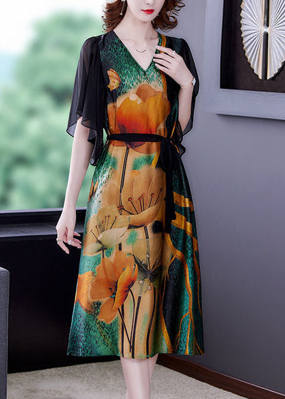 Colorblock V Neck Patchwork Print Silk Dresses Summer