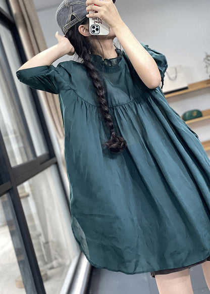 Blackish Green Ruffled Patchwork Wrinkled Linen Top Summer