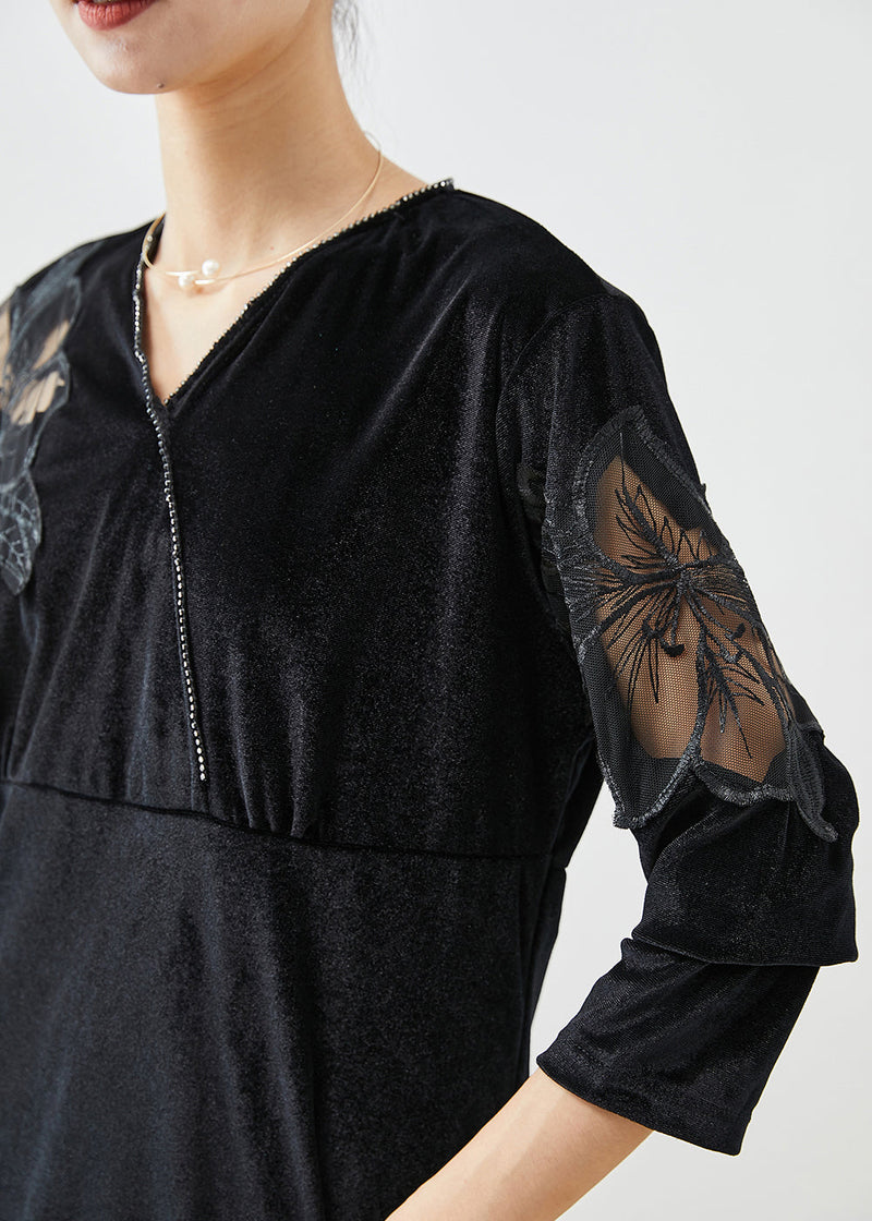 Black Hollow Out Patchwork Silk Velour Shirt Fall
