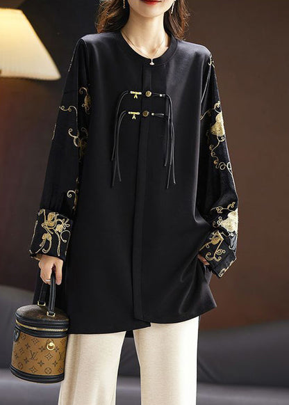 New Black O-neck Embroideried Silk Velour Patchwork Top Long Sleeve