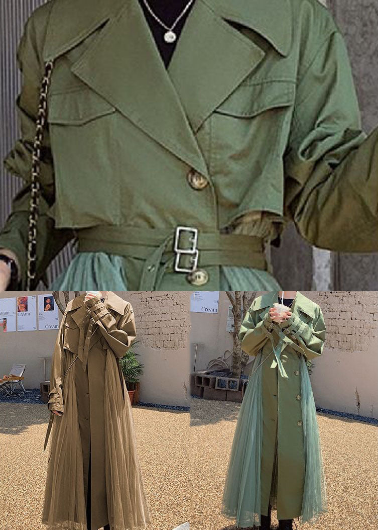 Khaki Peter Pan Collar Tulle Patchwork Cotton Trench Coat Long Sleeve