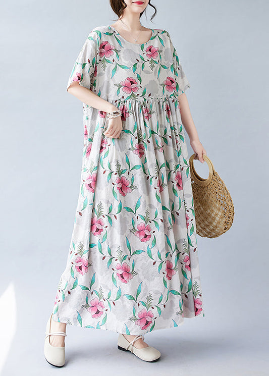 Pink Print Patchwork Holiday Long Dress Short Sleeve