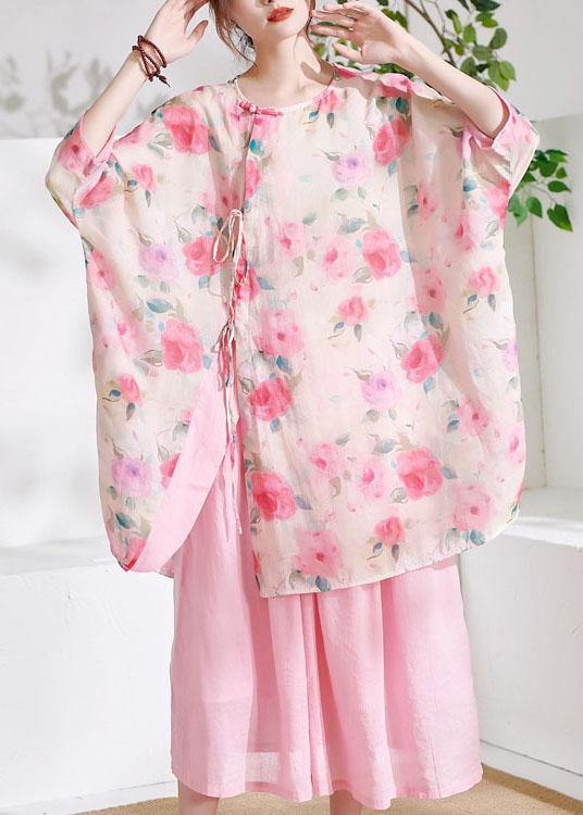Pink Print Asymmetrical Design Summer Half Sleeve Top