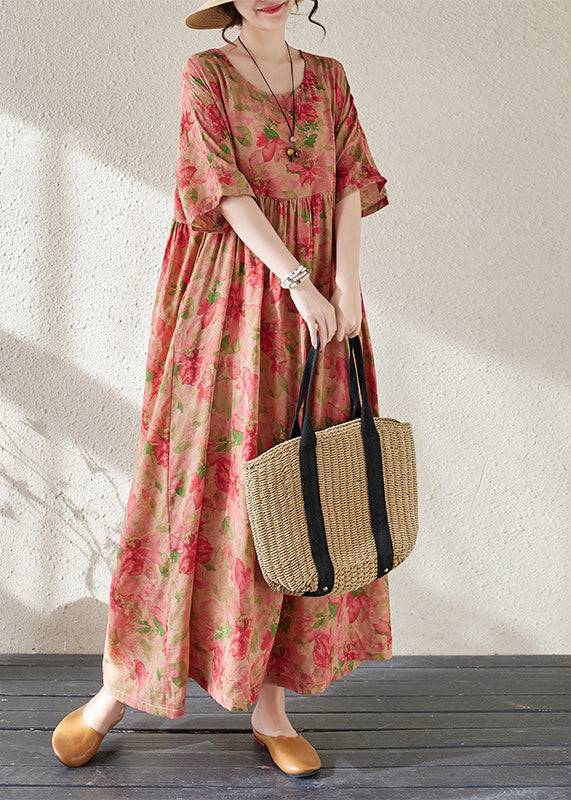 Handmade Red O-neck Print Patchwork Maxi Dress Summer