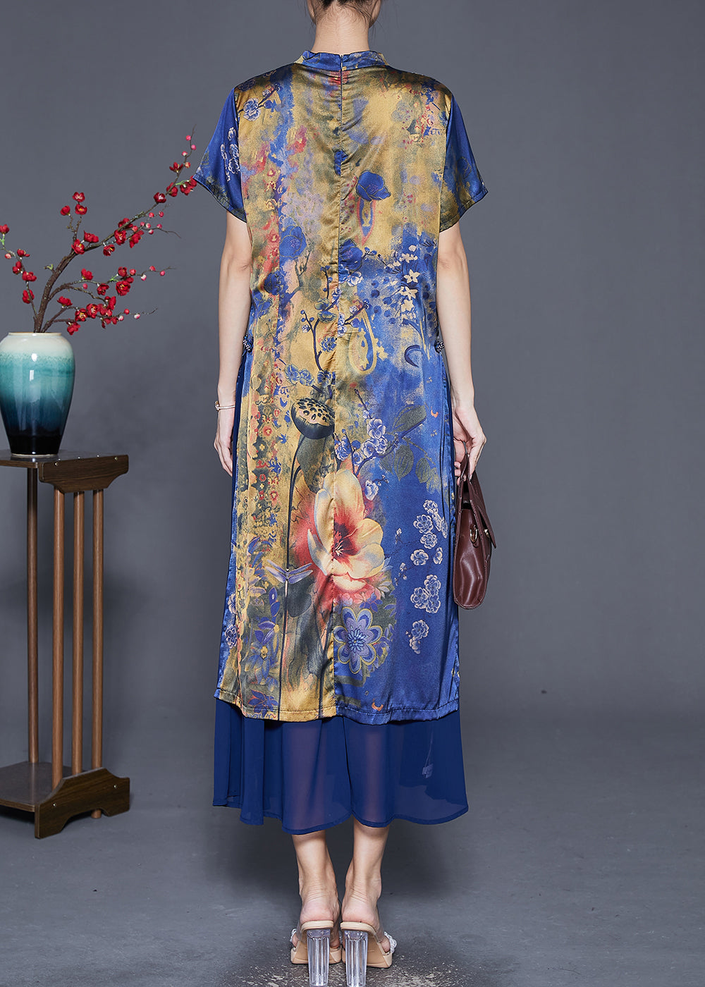 Blue Print Patchwork Silk Maxi Dresses Summer