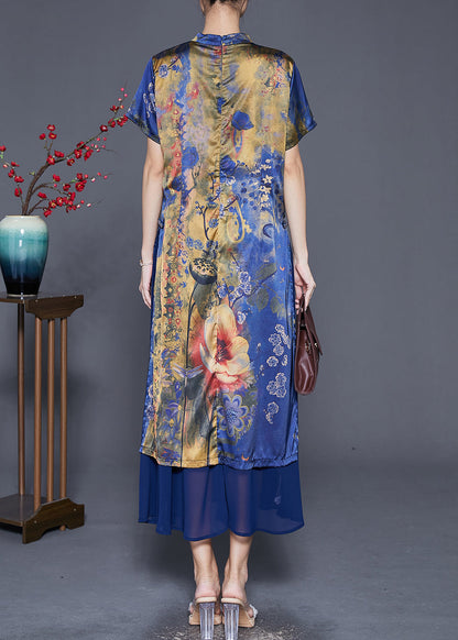Blue Print Patchwork Silk Maxi Dresses Summer
