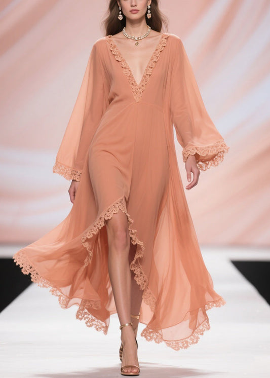 Fine Orange Lace Side Open Chiffon Long Dresses