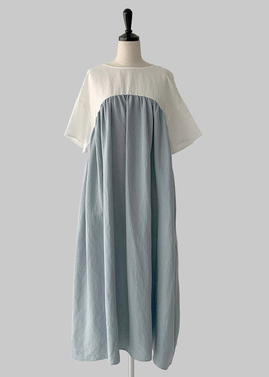 Loose Blue O-neck Patchwork Maxi Dresses Summer