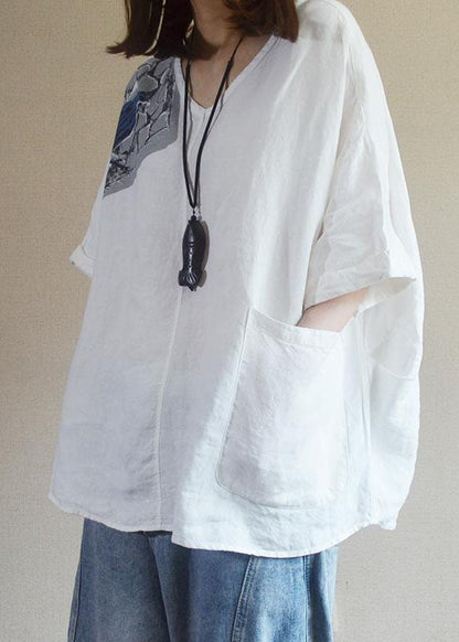 Organic White V Neck Print Asymmetrical Design Fall Half Sleeve Shirt Tops