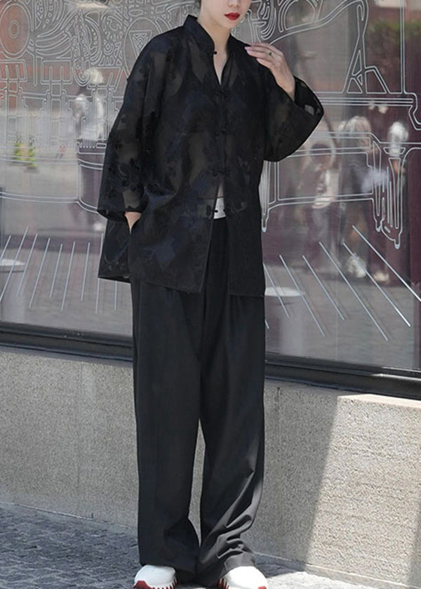 Black Chinese Button Jacquard Patchwork Silk Shirt Tops Fall