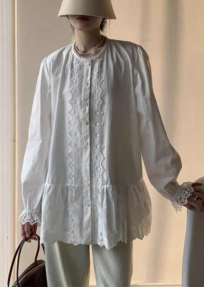 White Lace Button Cotton Shirt Fall