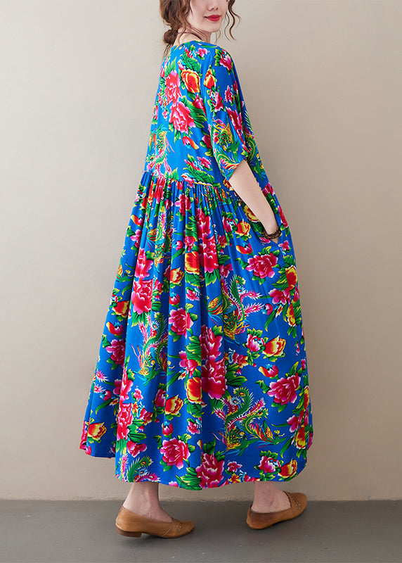 Blue O-neck Wrinkled Print Long Dress Short Sleeve