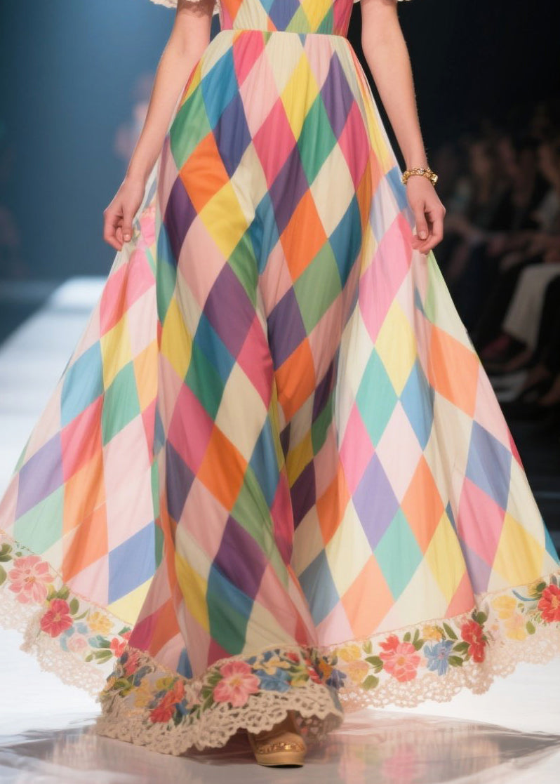 Multicolour Plaid Exra Large Hem Chiffon Strapless Dress Summer
