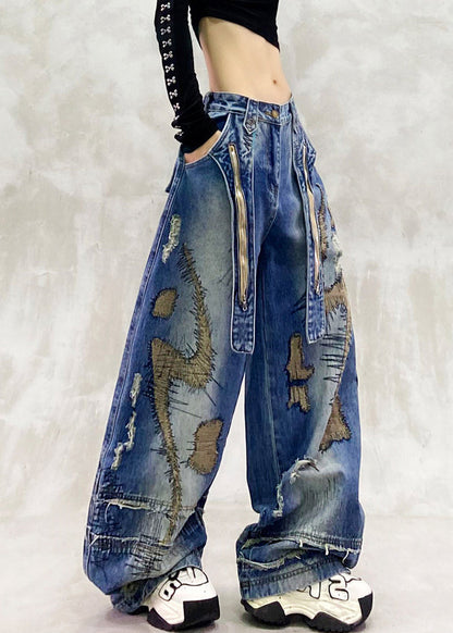 Diy Blue Embroidered Zippered Denim Wide Leg Pants Spring