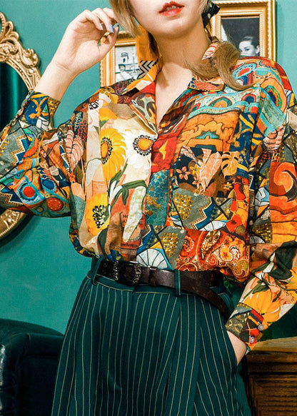 Khaki Peter Pan Collar Painting Print Cotton Shirt Tops Spring