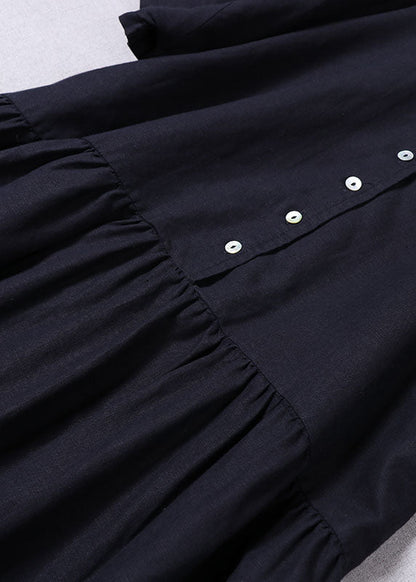 Navy Button Wrinkled Dresses Spring