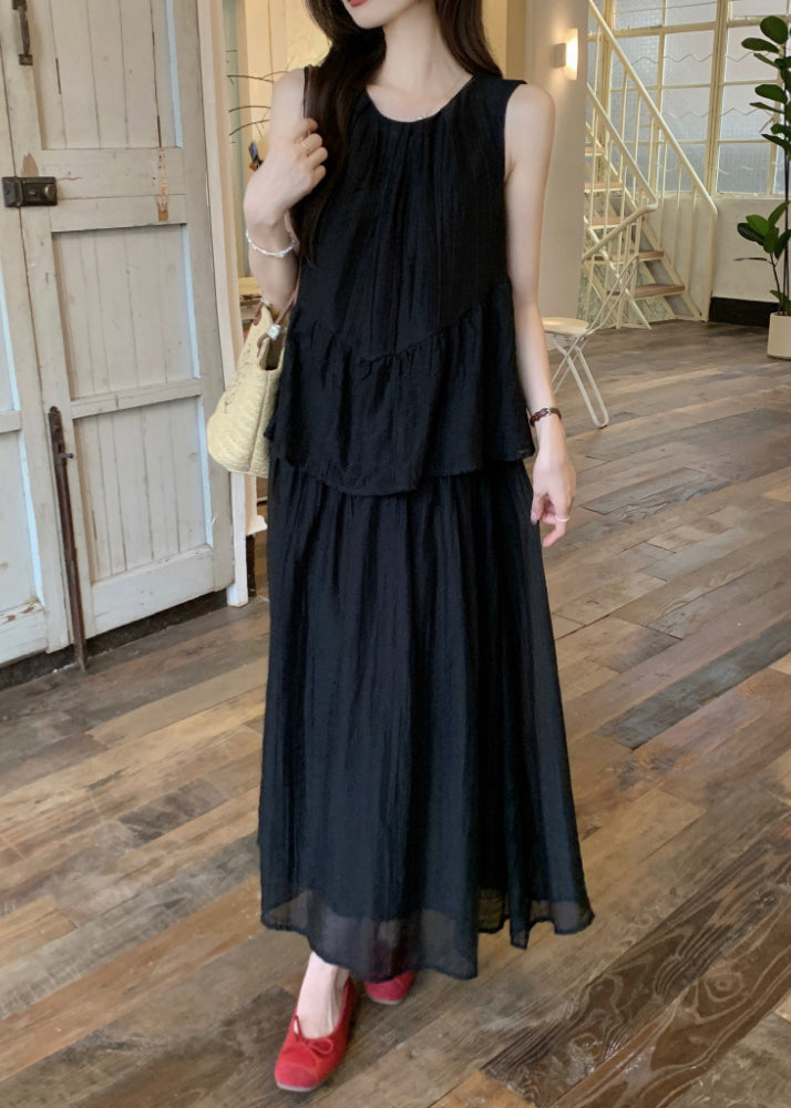 Black O-neck Patchwork Fake Two Pieces Silk Cotton Maxi Dress Sleeveless