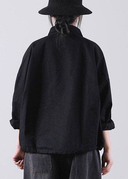 Style Black Peterpan Collar Pockets Button Fall Shirts Long Sleeve