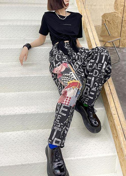 Black Graphic High Waist Wide Leg Pants