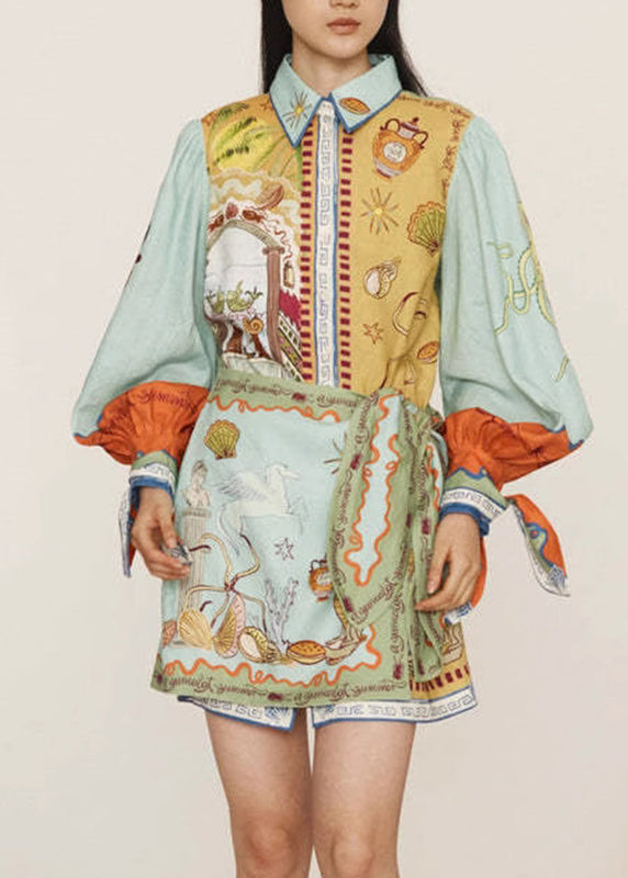 Natural Green Print Two Pieces Set Shirts and Skirts Lantern Sleeve