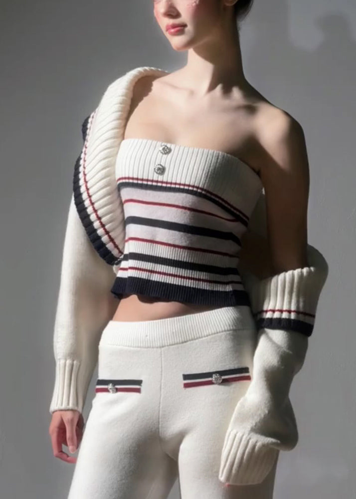 Novelty White Striped Patchwork Cotton Knit Cardigans, Top and Straight Pantstwo Pieces Sets Fall