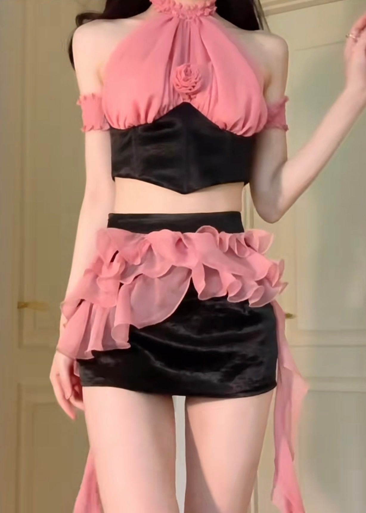 Pink Ruffled Patchwork Cotton Two Pieces Set Sleeveless