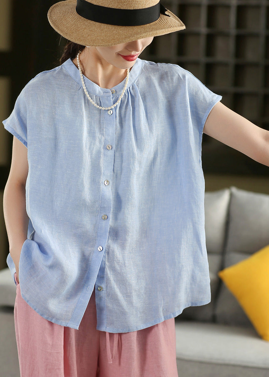 Blue Oversized Linen Blouse Tops Summer