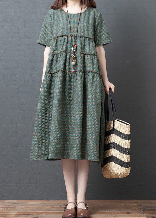Green Plaid O-neck Wrinkled Patchwork Linen Party Dress Short Sleeve